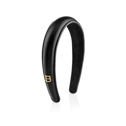 Balmain Black Leather Puffed Headband with Gold Plated Logo