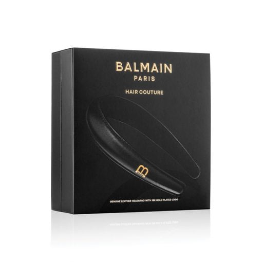 Balmain Black Leather Puffed Headband with Gold Plated Logo box